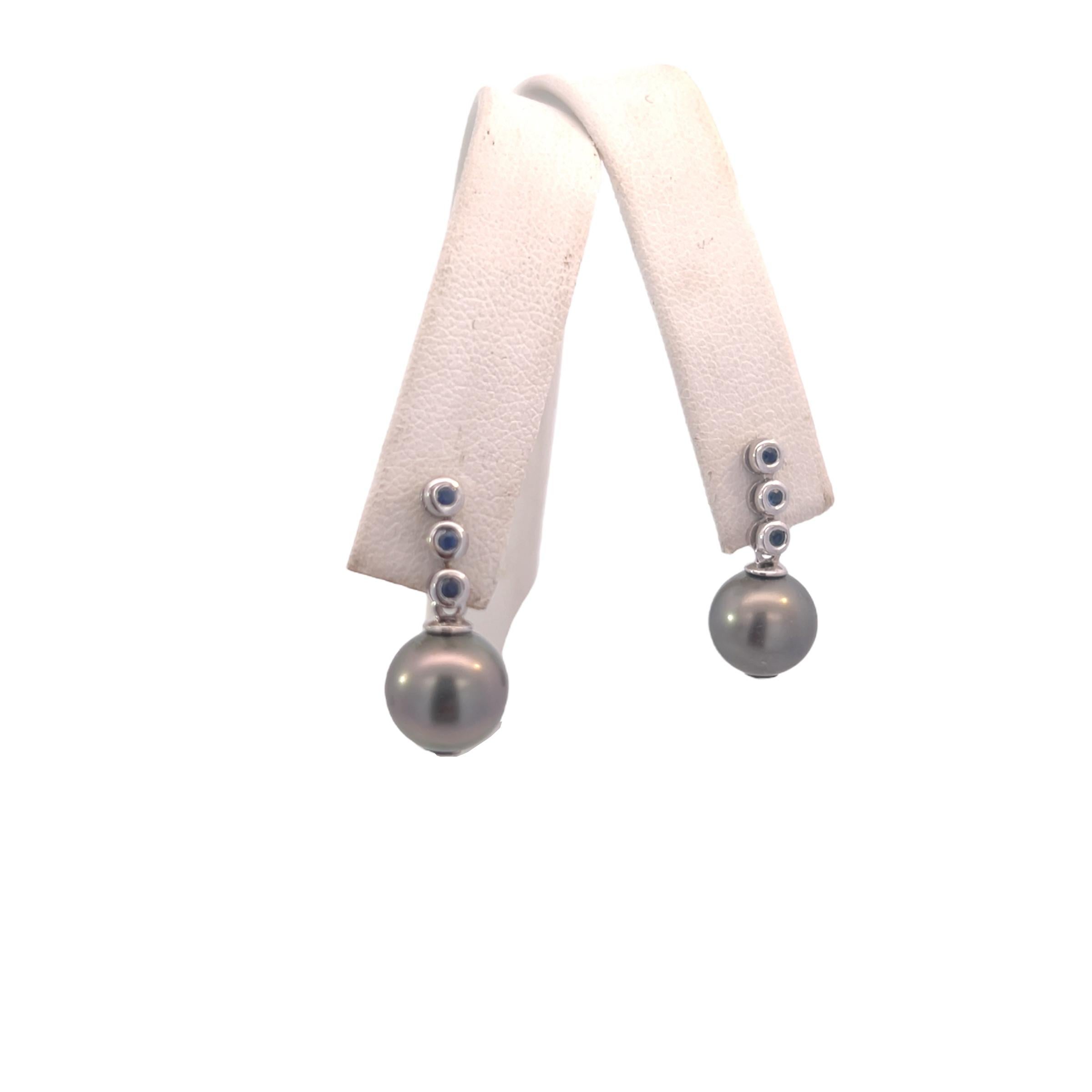 Women's Tahitian Pearl & Sapphire Earrings 14k Gold 9.46 mm Certified For Sale