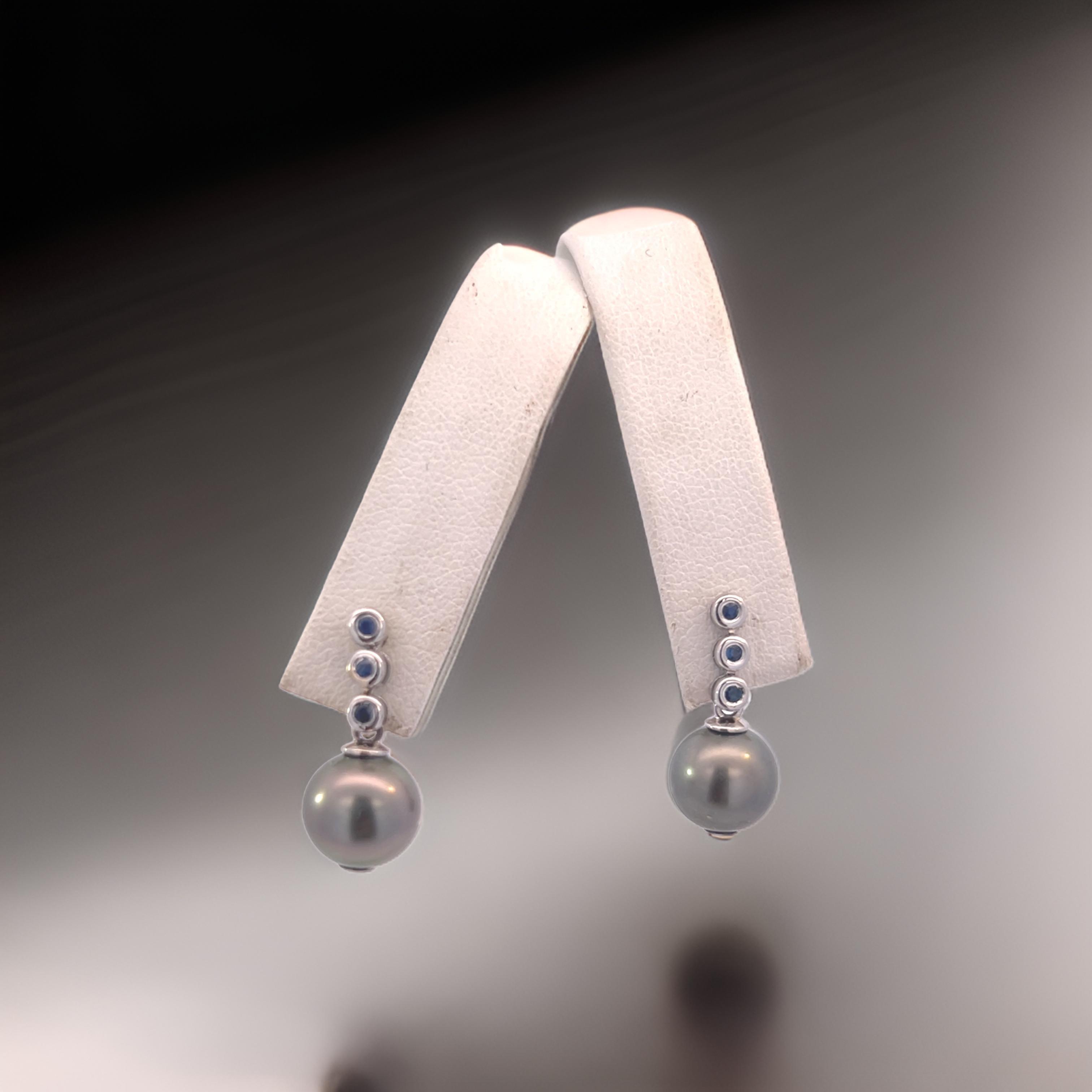 Tahitian Pearl & Sapphire Earrings 14k Gold 9.46 mm Certified For Sale 2