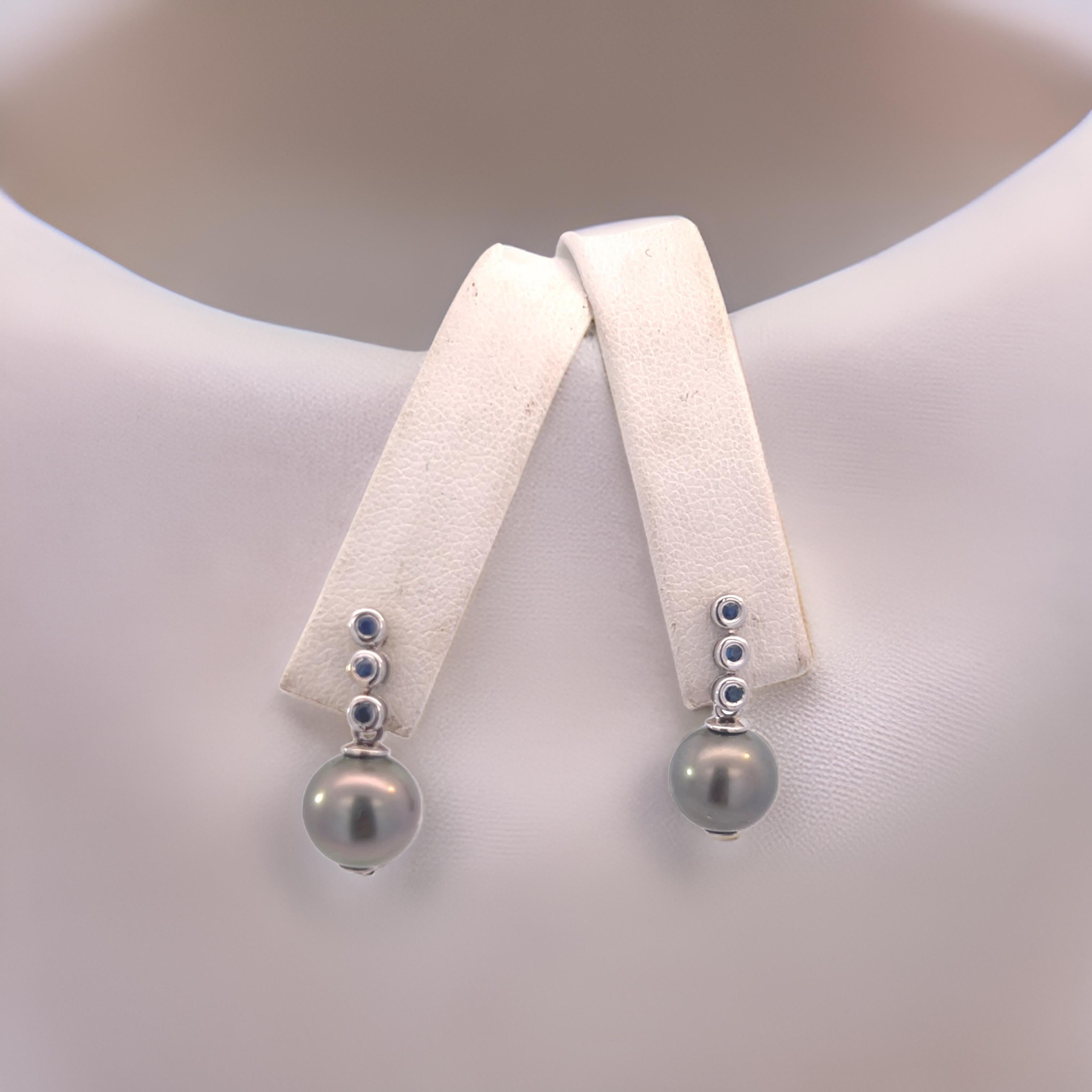 Tahitian Pearl & Sapphire Earrings 14k Gold 9.46 mm Certified For Sale 4