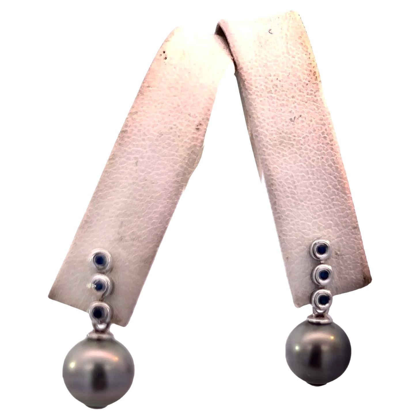 Tahitian Pearl & Sapphire Earrings 14k Gold 9.46 mm Certified For Sale