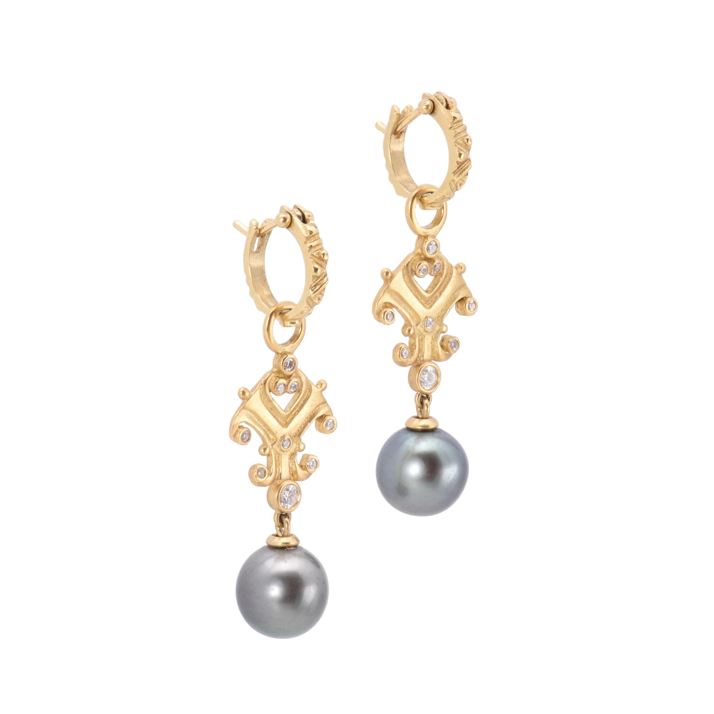 Contemporary Tahitian Pearl Scroll Drop Earrings with Diamonds in 18 Karat Gold For Sale