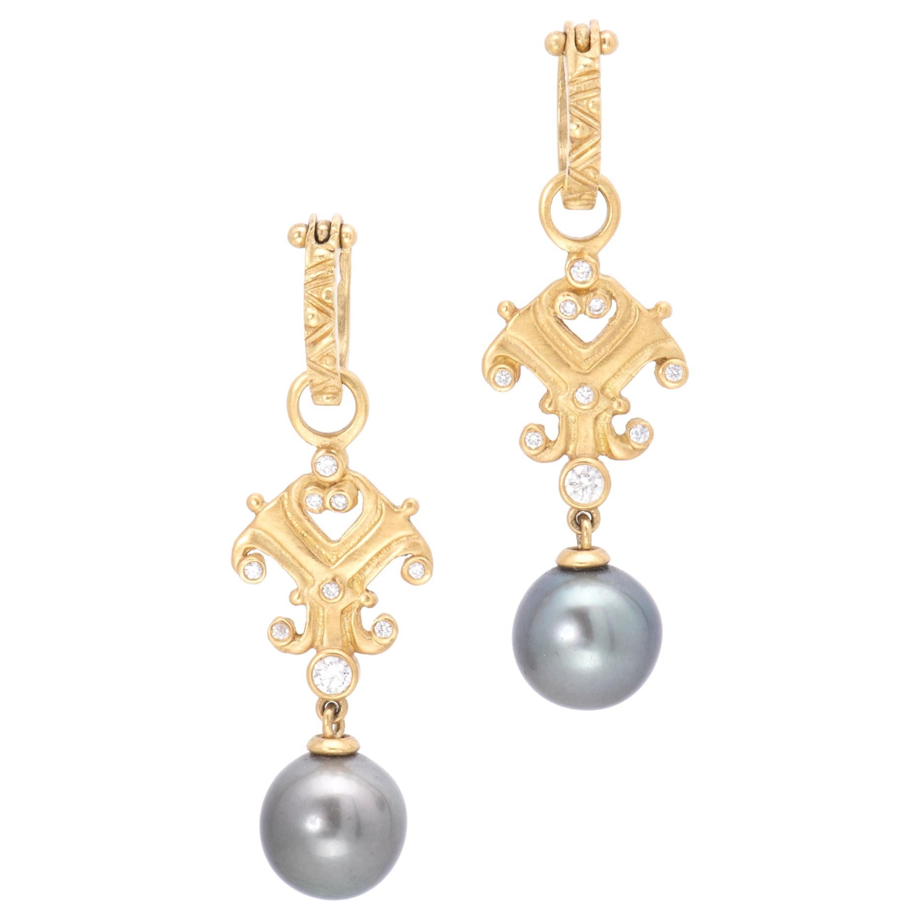 Tahitian Pearl Scroll Drop Earrings with Diamonds in 18 Karat Gold For Sale