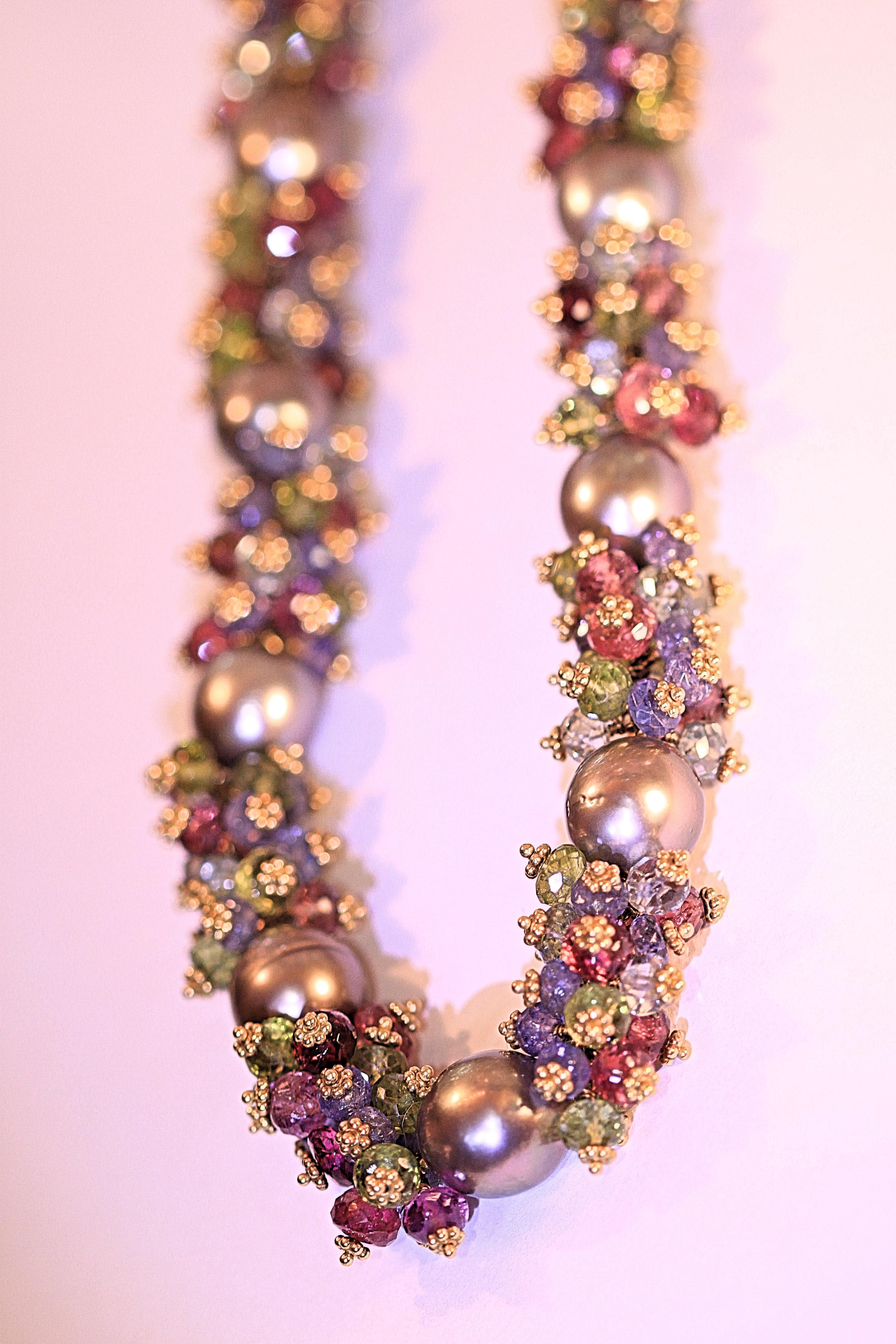 Round Cut Tahitian Pearl Semi Precious Stone Necklace by Marya Dabrowski For Sale