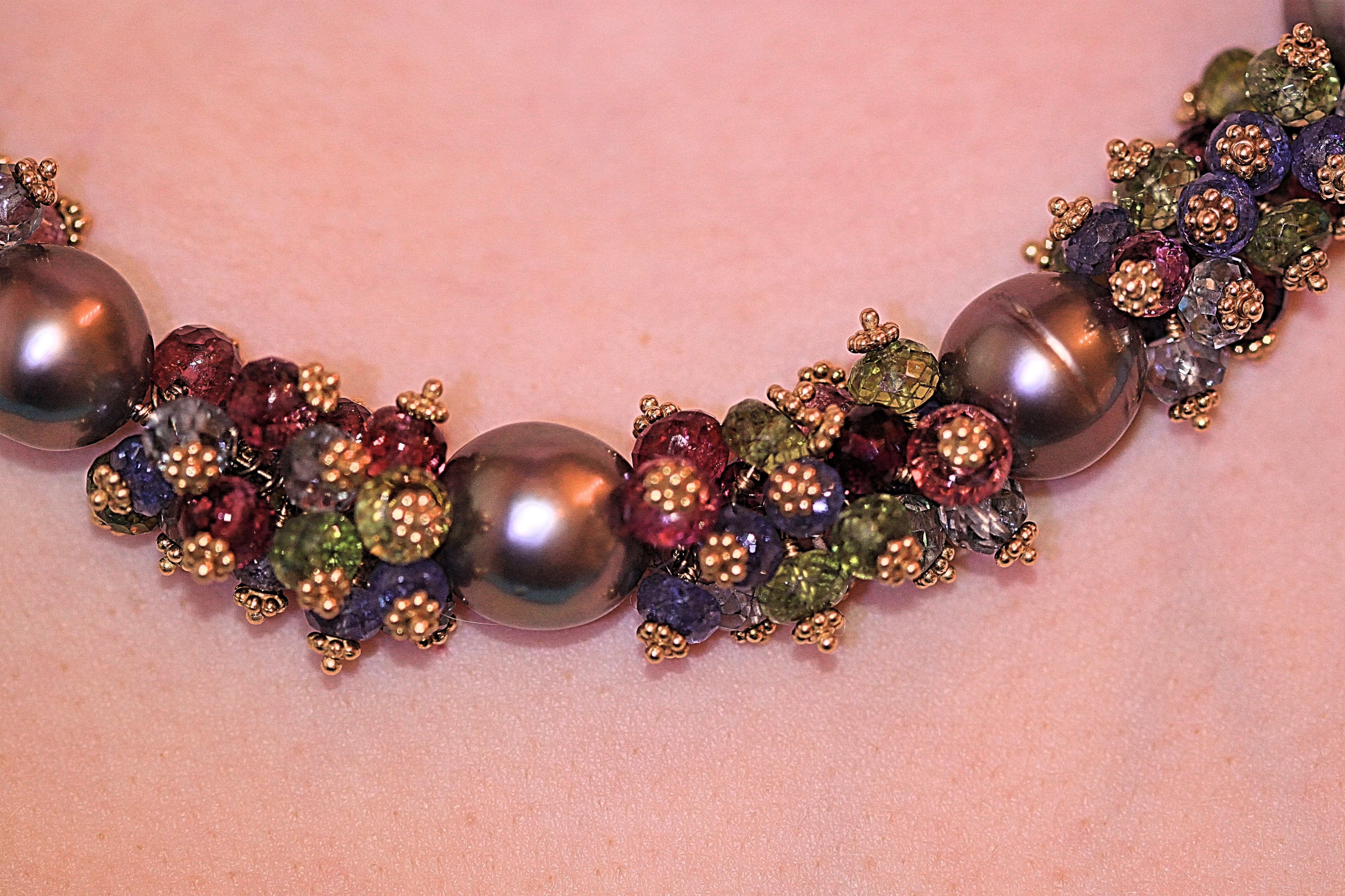 Tahitian Pearl Semi Precious Stone Necklace by Marya Dabrowski For Sale 2
