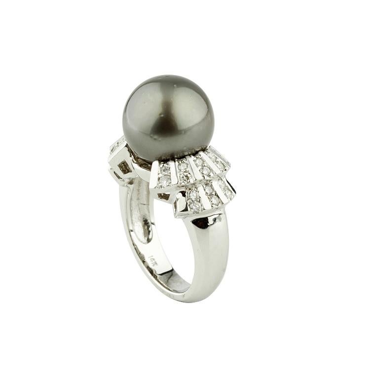 Round Cut Tahitian Pearl Solitaire Ring with Art Deco Inspired Diamond Accents White Gold For Sale