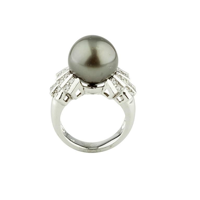 Women's Tahitian Pearl Solitaire Ring with Art Deco Inspired Diamond Accents White Gold For Sale