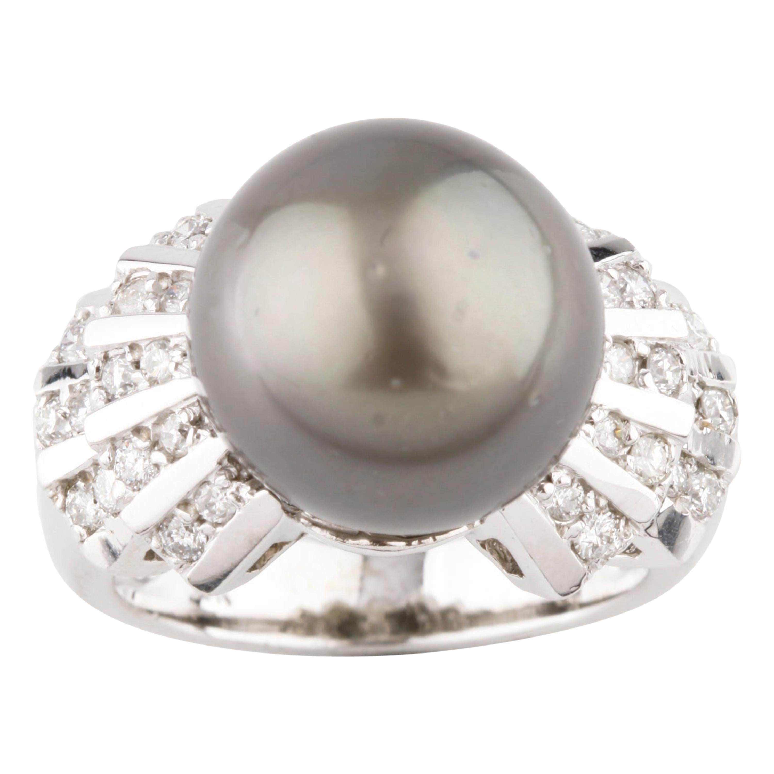 Tahitian Pearl Solitaire Ring with Art Deco Inspired Diamond Accents White Gold For Sale