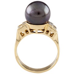 Tahitian Pearl Solitaire Ring with Diamond Accents in Yellow Gold
