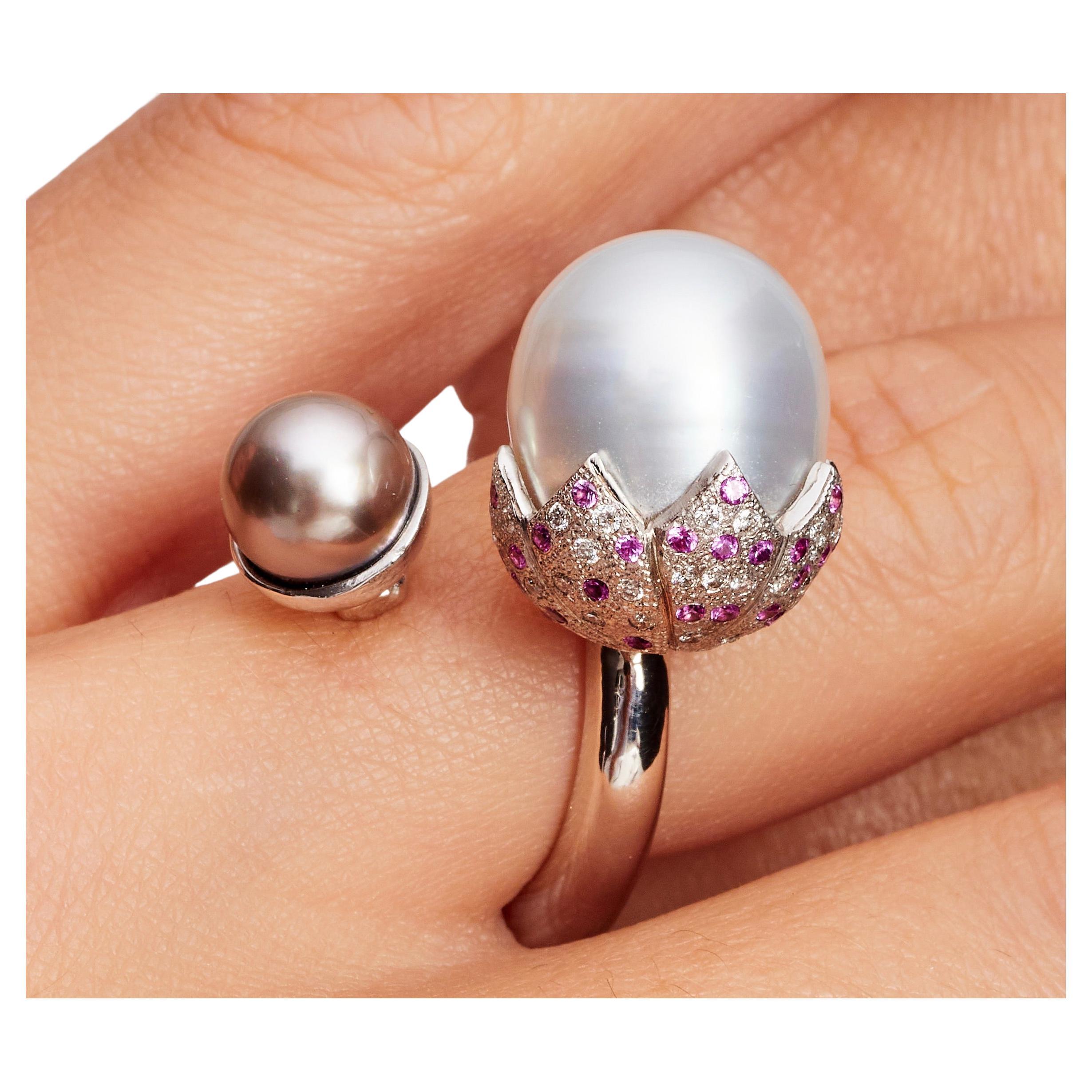 Modern Tahitian Pearl South Sea Pearl Diamond Pink Sapphire Cocktail Ring For Sale