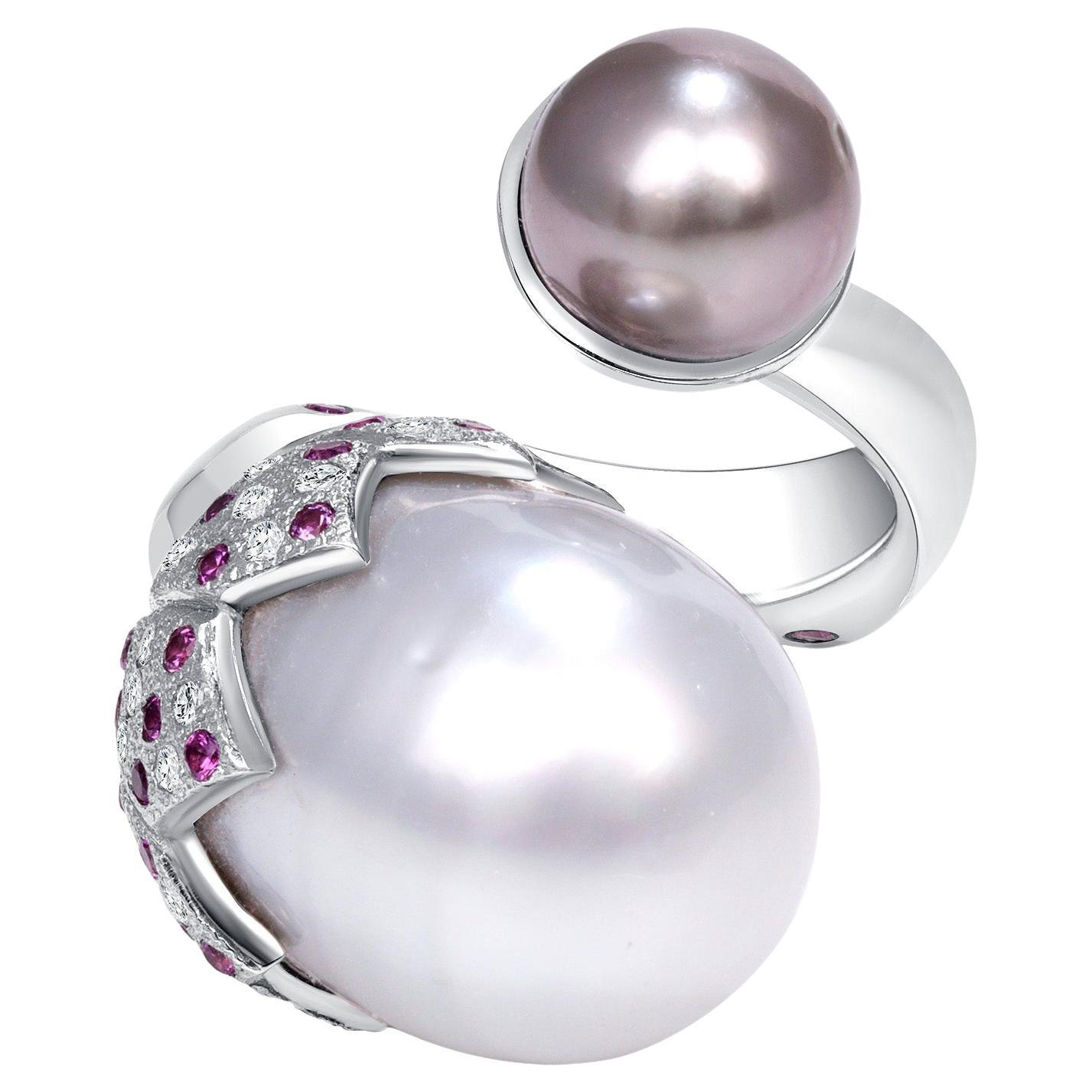 Brilliant Cut Tahitian Pearl South Sea Pearl Diamond Pink Sapphire Cocktail Ring For Sale