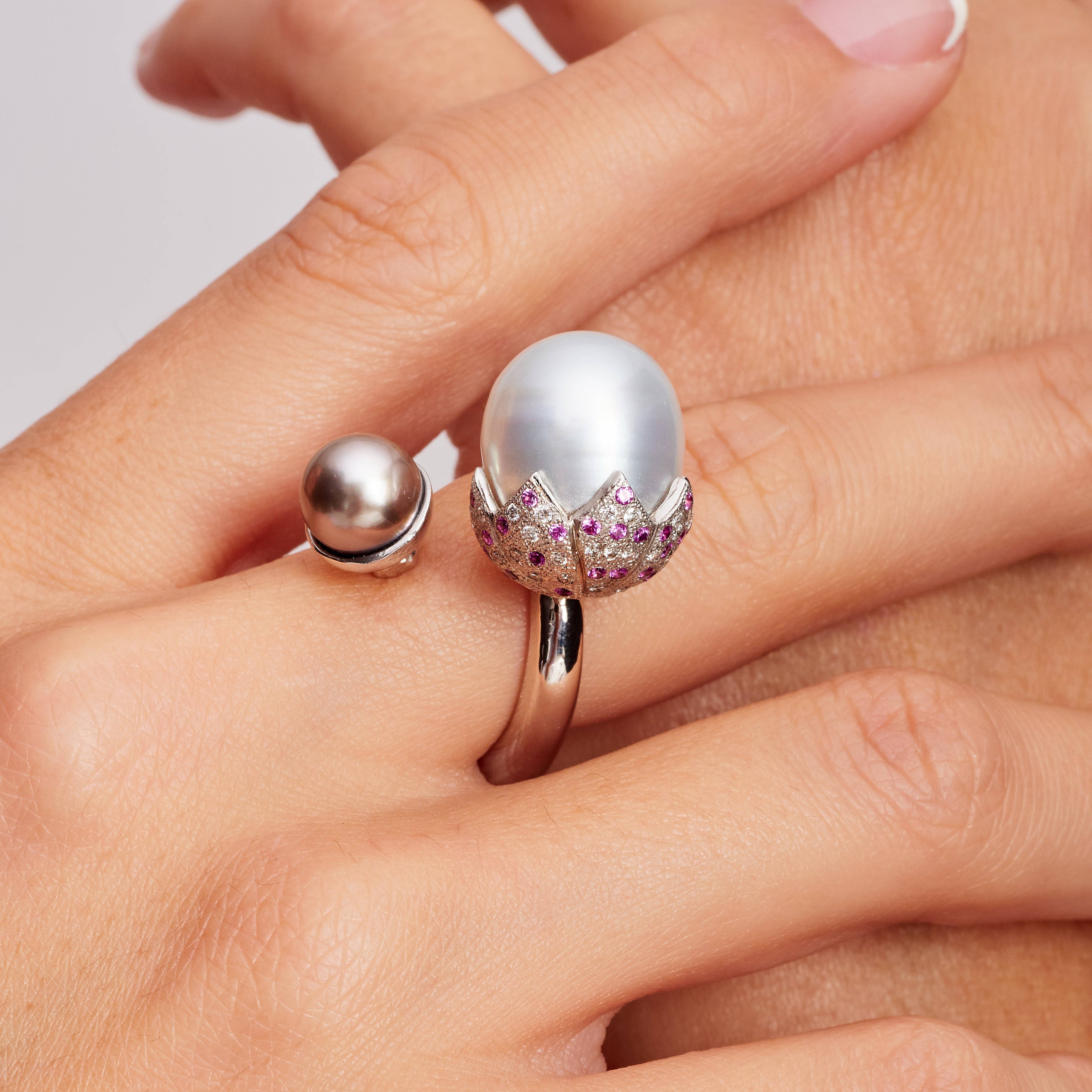 Tahitian Pearl South Sea Pearl Diamond Pink Sapphire Cocktail Ring In New Condition For Sale In Woodstock, GA