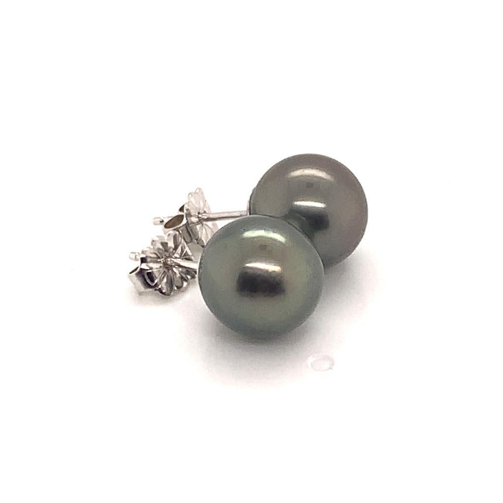 Tahitian Pearl Stud Earrings 14k Gold 9.85 mm Certified In New Condition In Brooklyn, NY