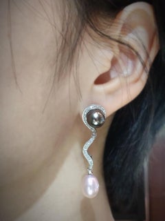 Tahitian Pearl Studs w/ Detachable Diamond Pink Freshwater Pearl 18K Gold Drops