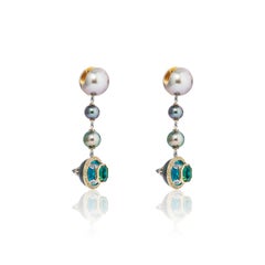 Tahitian Pearl, Tourmaline, Diamond, 18k Yellow Gold & Platinum Dangle Earrings