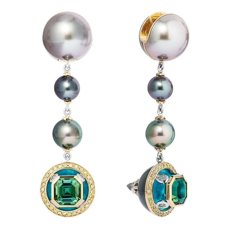 Tahitian Pearl, Tourmaline, Diamond, 18k Yellow Gold 
Platinum Dangle Earrings For Sale