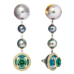 Tahitian Pearl, Tourmaline, Diamond, 18k Yellow Gold & Platinum Dangle Earrings