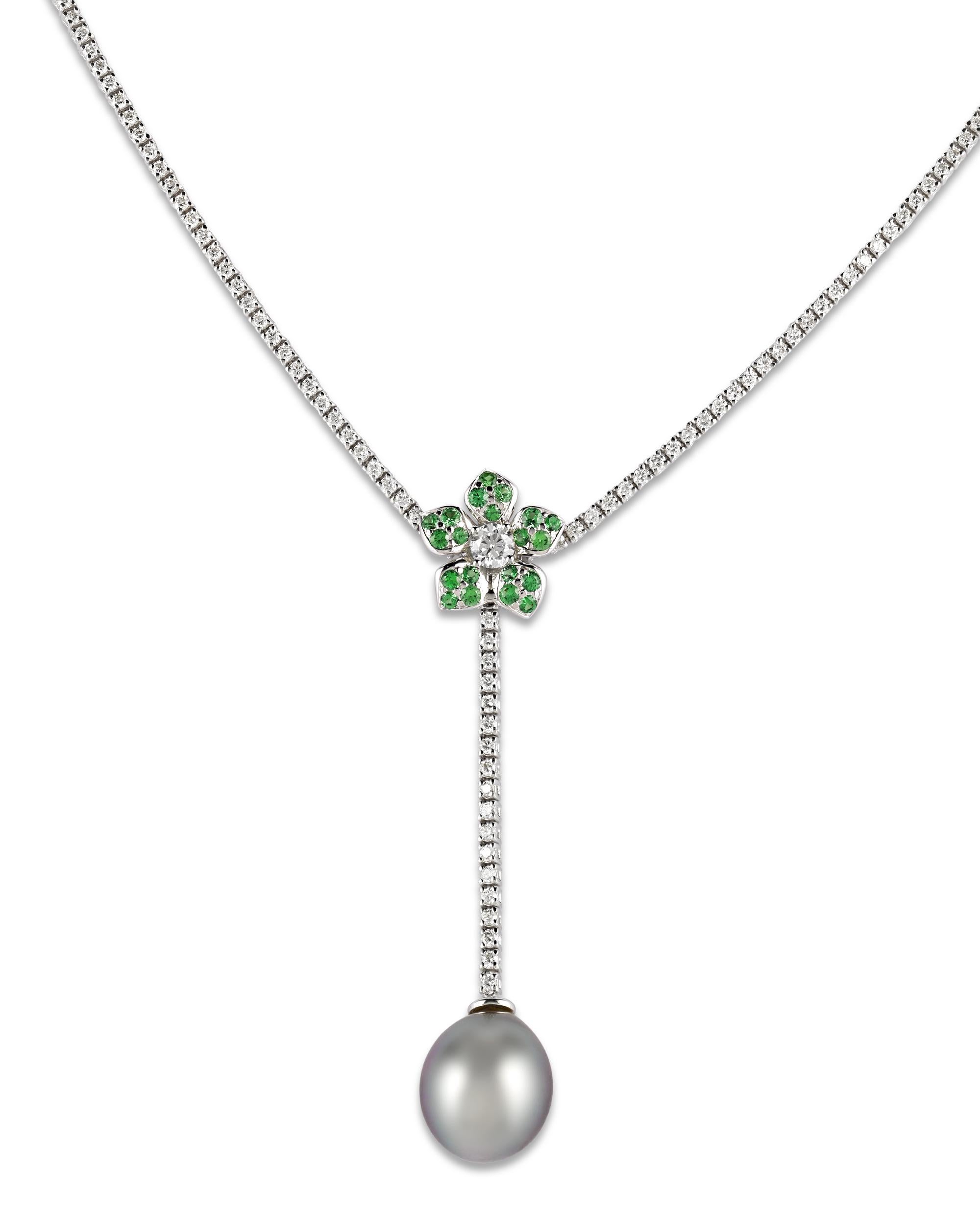 Modern Tahitian Pearl, Tsavorite and Diamond Necklace