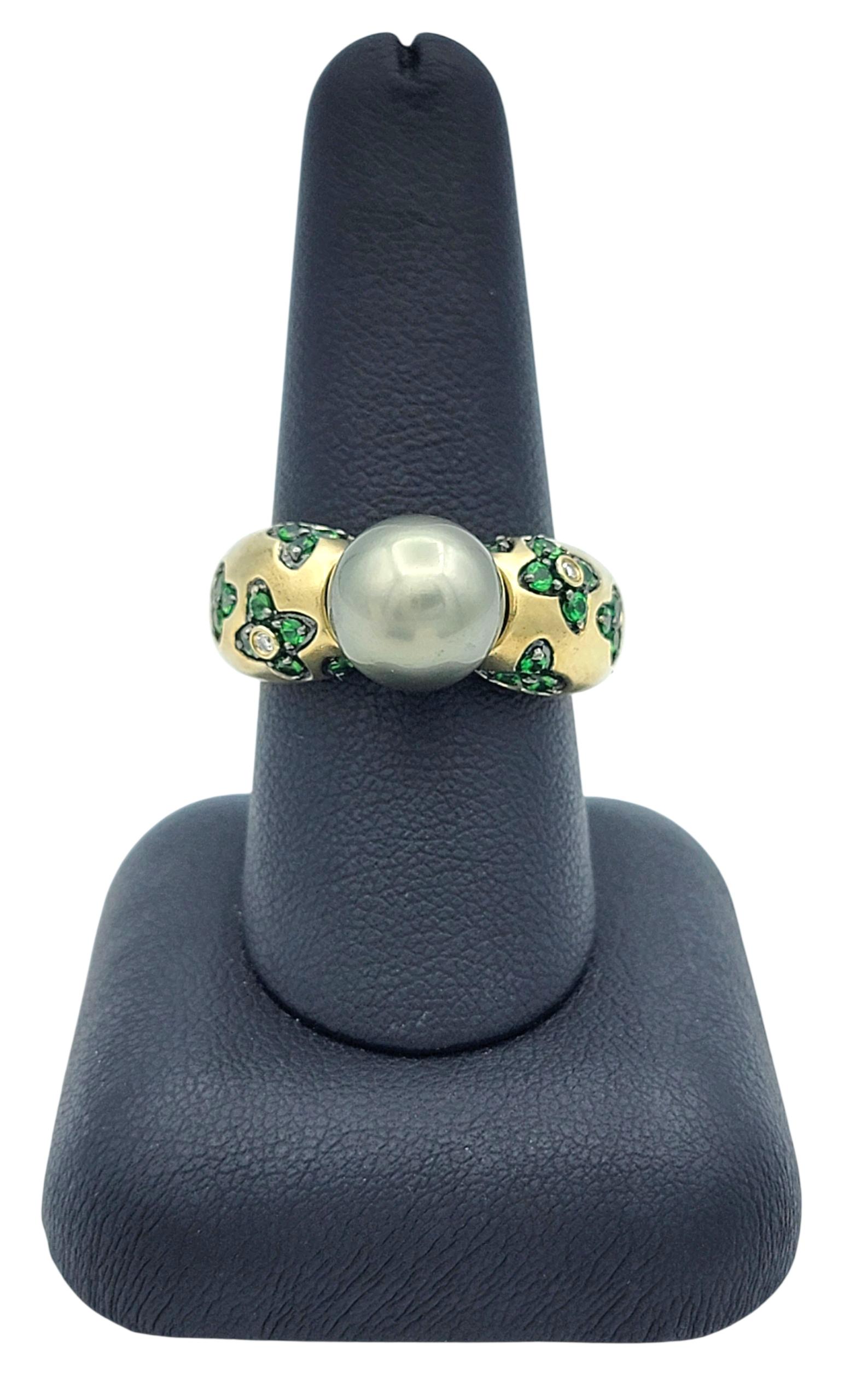 Bague en or jaune 14 carats, perle de Tahiti, tsavorite et diamant, motif fleuri en vente 6