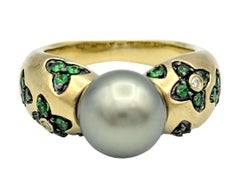 Tahitian Pearl, Tsavorite & Diamond Flower Motif Ring in 14 Karat Yellow Gold