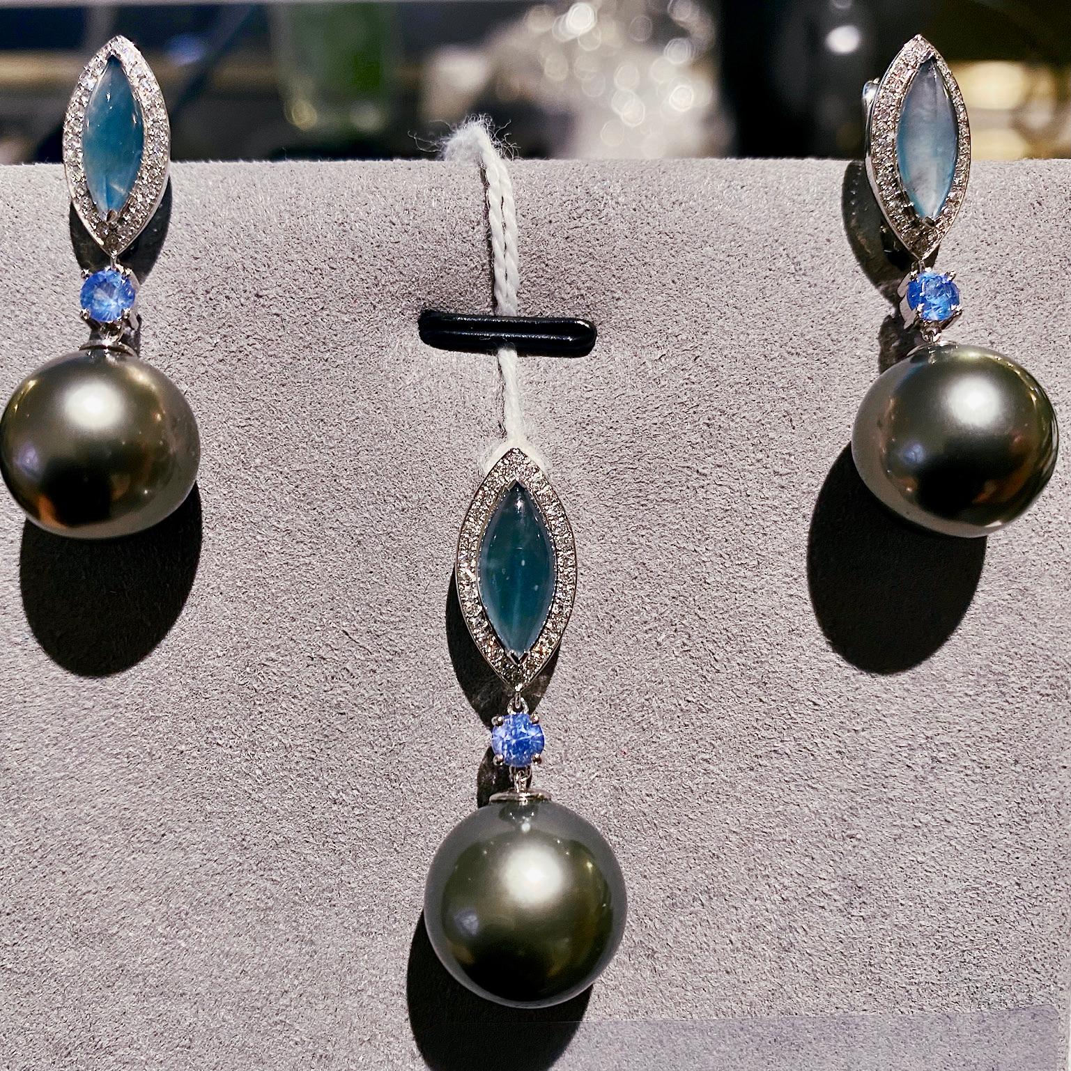 Cabochon Eostre Tahitian Pearl, Type A Jadeite, Sapphire and Diamond White Gold Suite For Sale