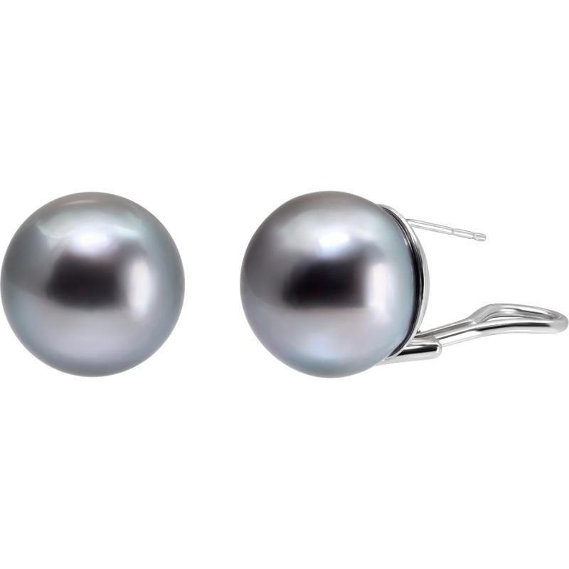 Pair of Tahitian pearls 14.5 x 15 mm earrings in 14K white gold. Omega clip with post.