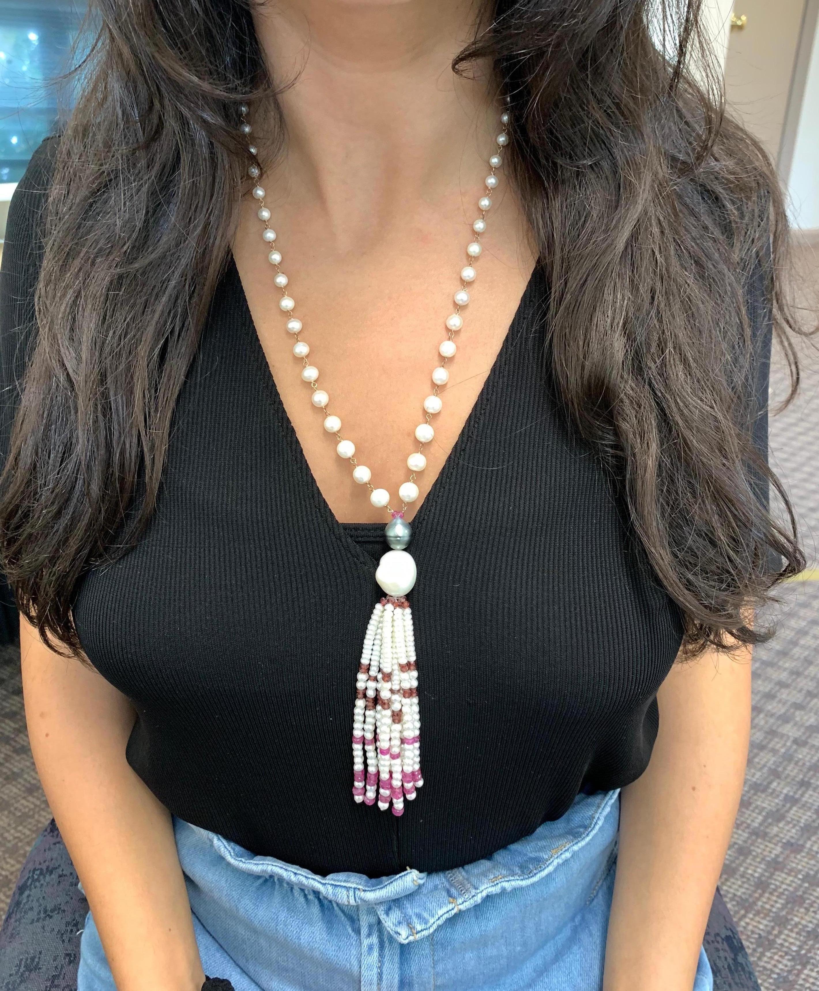Contemporary Tahitian Pearl White Pearl Multi-Color Bead Gemstone Fashion Dangle Necklace For Sale