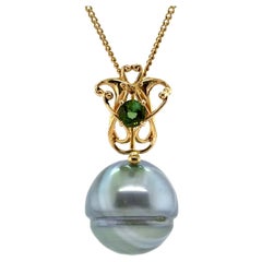 Tahitian Pearl with Art Nouveau Bale Set with Green Tourmaline on Gold Chain