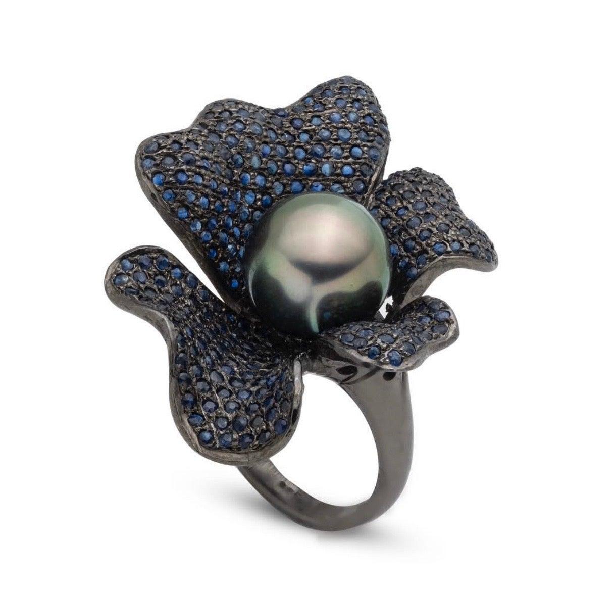 For Sale:  Tahitian Pearl with Blue Sapphires Statement Ring in Oxidized Sterling Silver 2