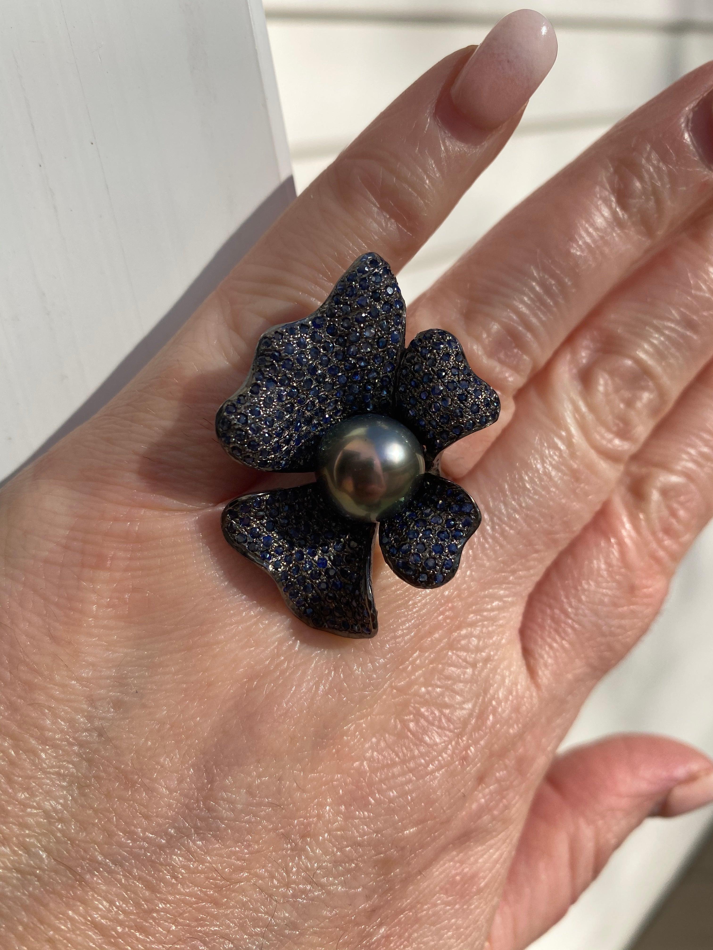 For Sale:  Tahitian Pearl with Blue Sapphires Statement Ring in Oxidized Sterling Silver 3