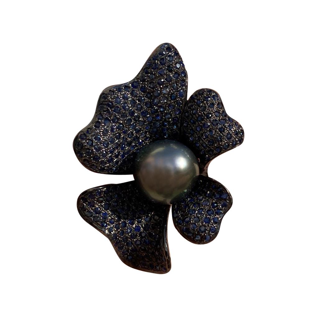 For Sale:  Tahitian Pearl with Blue Sapphires Statement Ring in Oxidized Sterling Silver