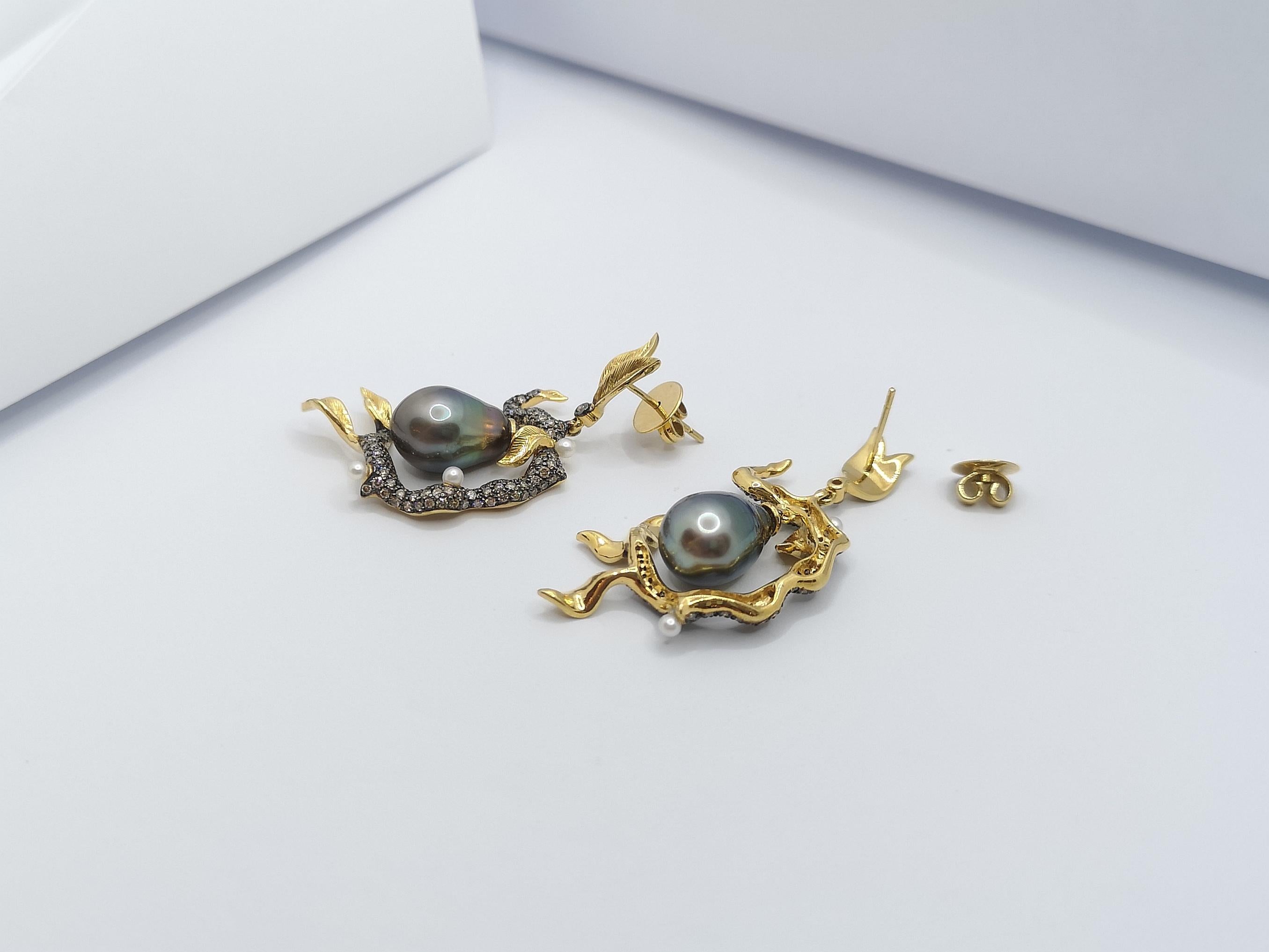 Contemporary Tahitian Pearl with Brown Diamond Earrings in 18 Karat Gold For Sale