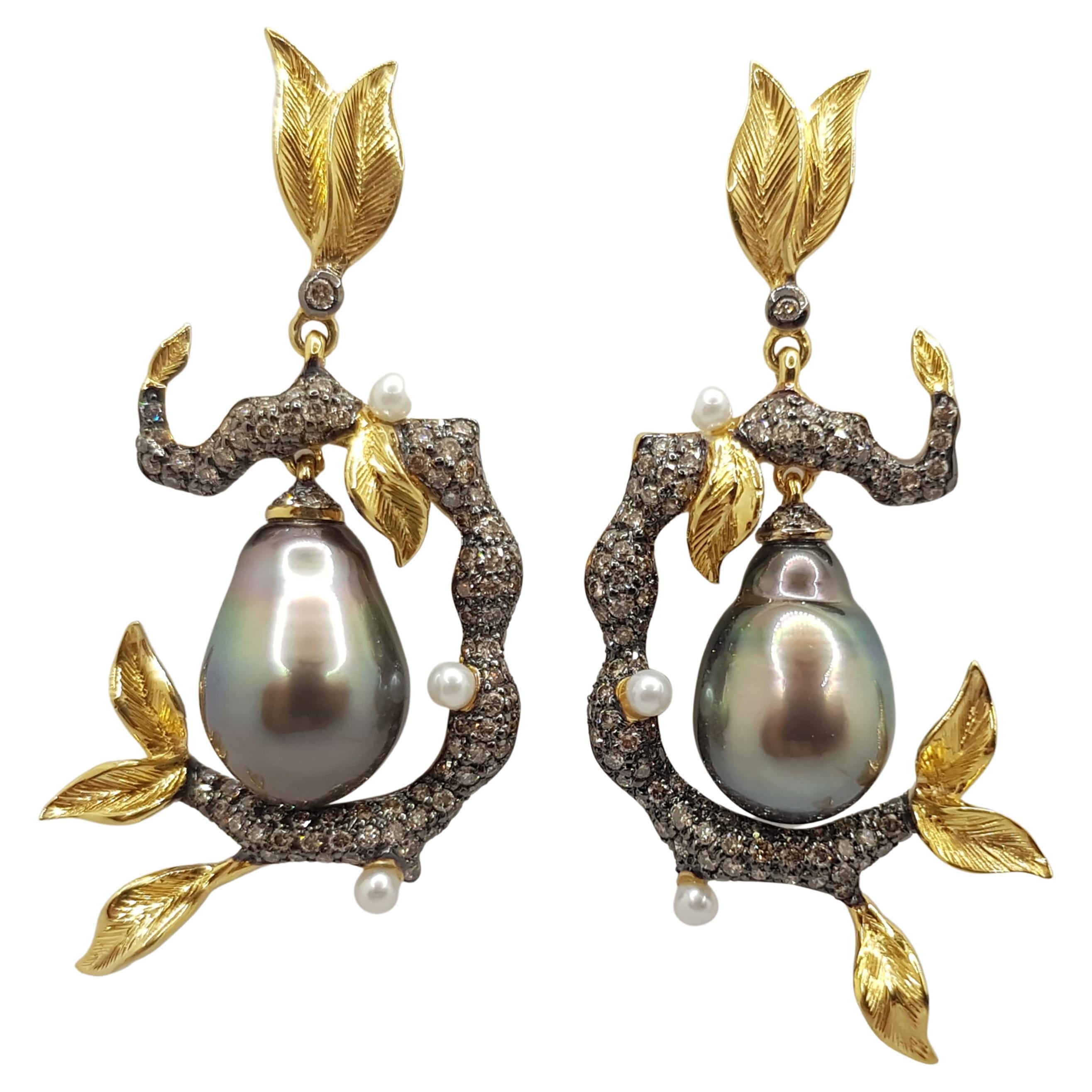 Tahitian Pearl with Brown Diamond Earrings in 18 Karat Gold For Sale