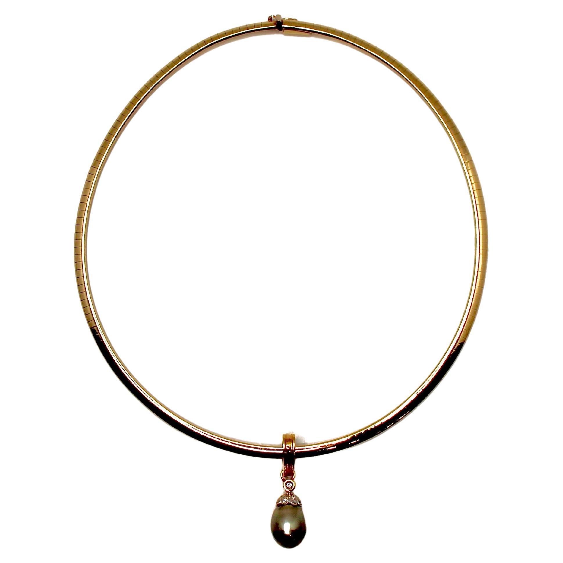 Tahitian Pearl With Diamonds 14k Gold Omega Pendant Necklace circa 1970s For Sale