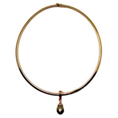 Tahitian Pearl With Diamonds 14k Gold Omega Pendant Necklace circa 1970s