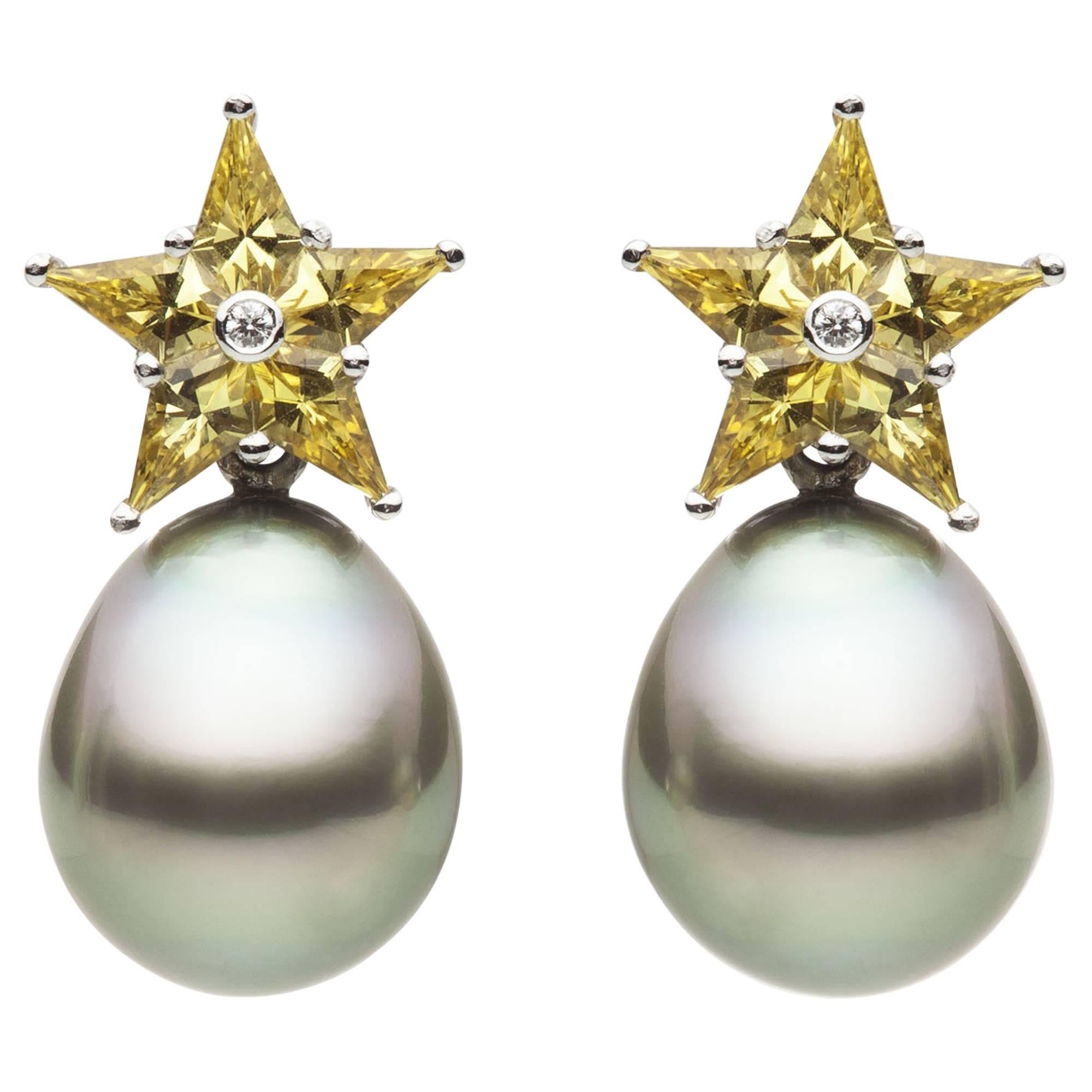 Tahitian Pearl Yellow Sapphire and Diamond Stud Earrings For Sale