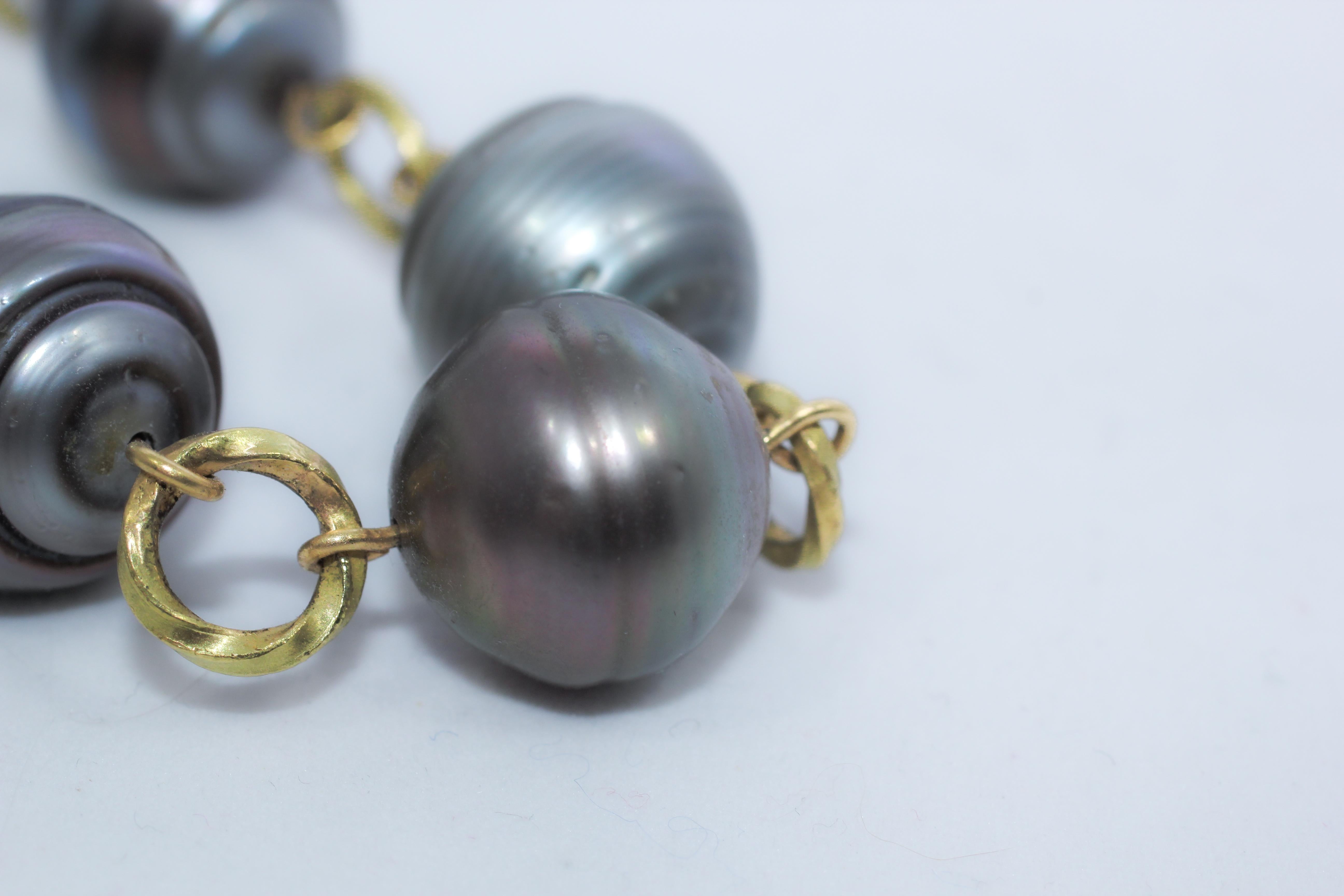 Tahitian Pearls 18 Karat Gold Beaded Link Necklace, Green Black Baroque Pearls 2