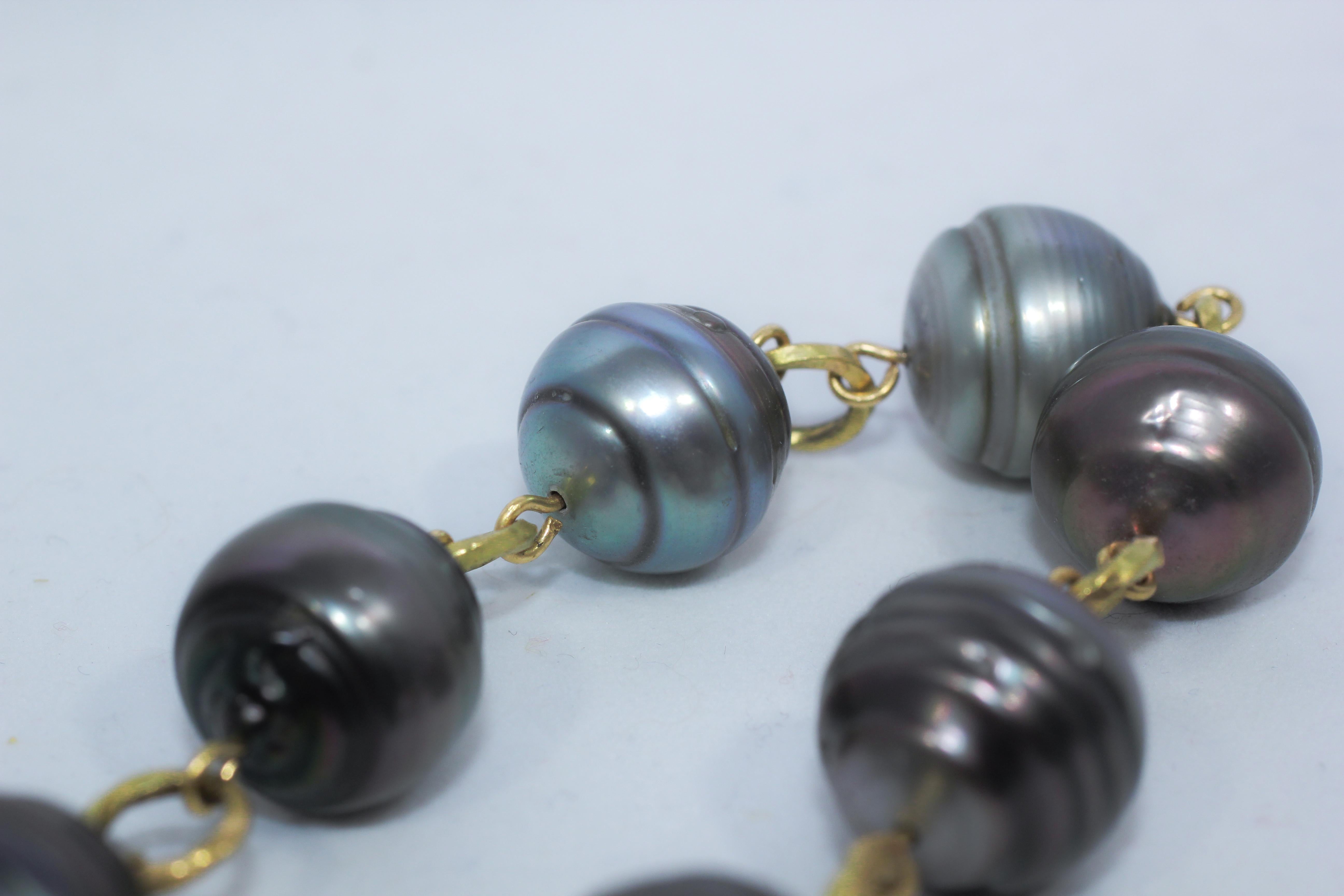 Tahitian Pearls 18 Karat Gold Beaded Link Necklace, Green Black Baroque Pearls 3