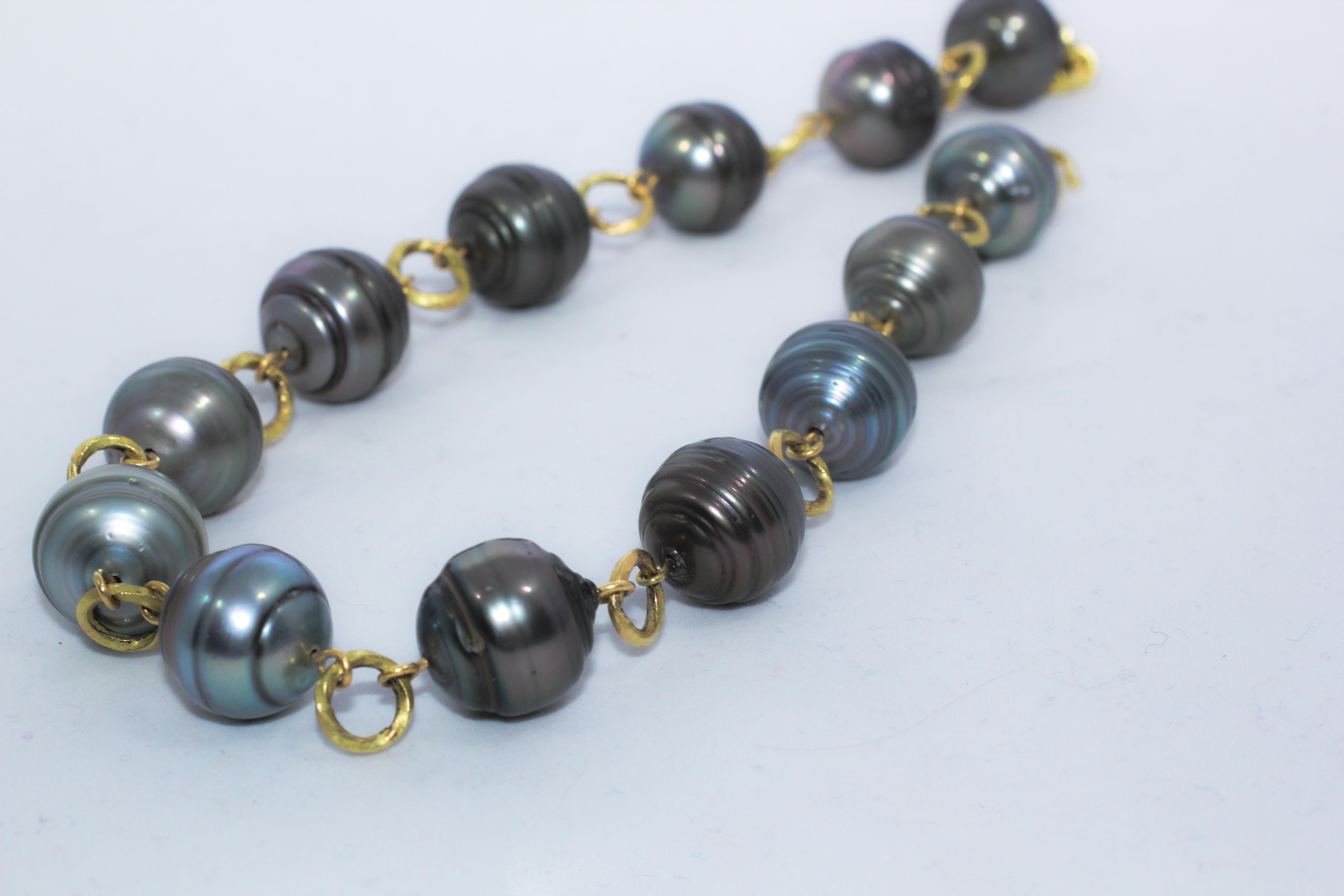 Tahitian Pearls 18 Karat Gold Beaded Link Necklace, Green Black Baroque Pearls 6