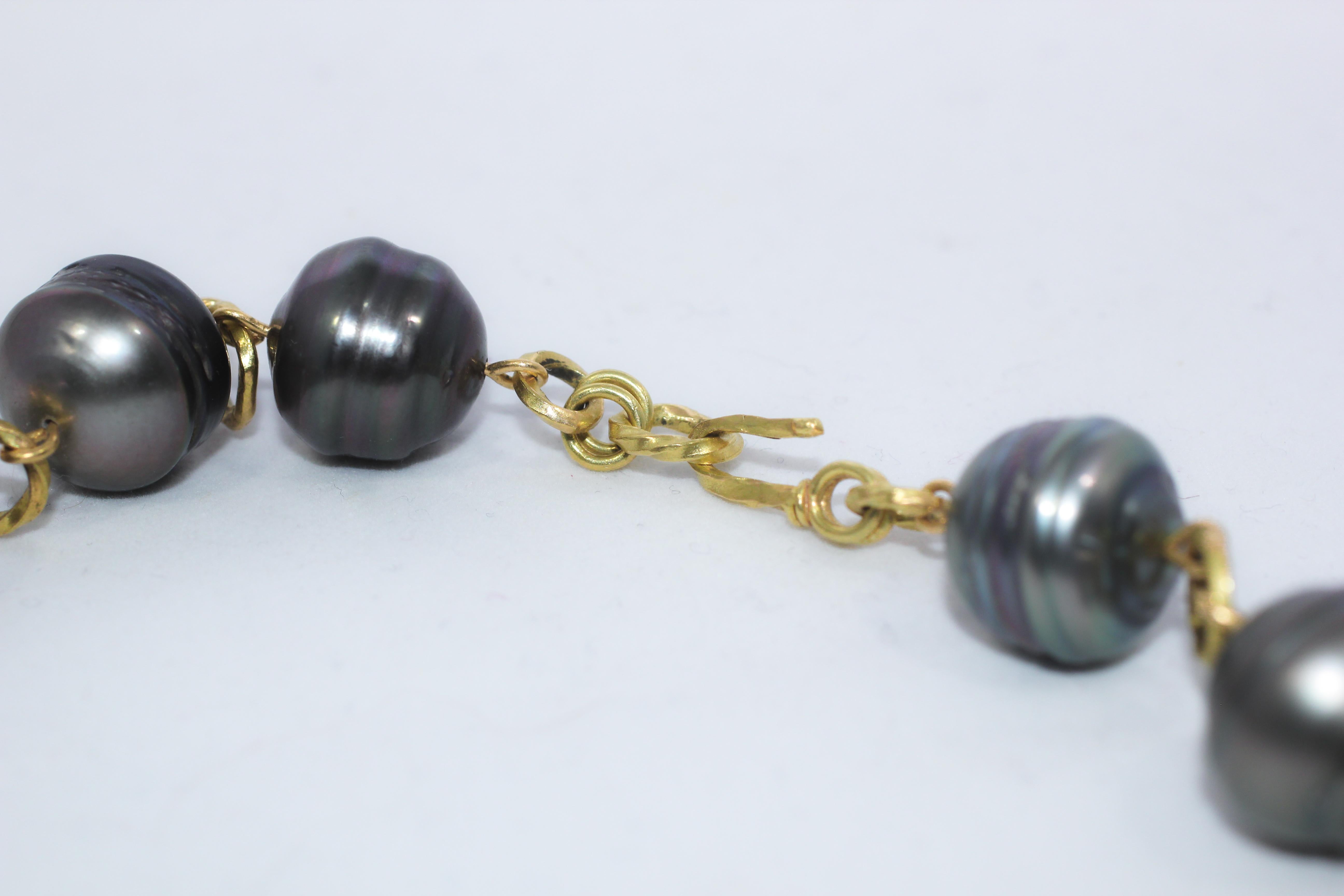 Tahitian Pearls 18 Karat Gold Beaded Link Necklace, Green Black Baroque Pearls 7