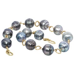 Tahitian Pearls 18 Karat Gold Beaded Link Necklace, Green Black Baroque Pearls