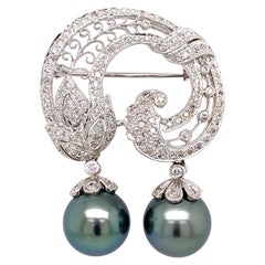 Tahitian Pearls and Diamond Gold Brooch Pin Fine Estate Jewelry