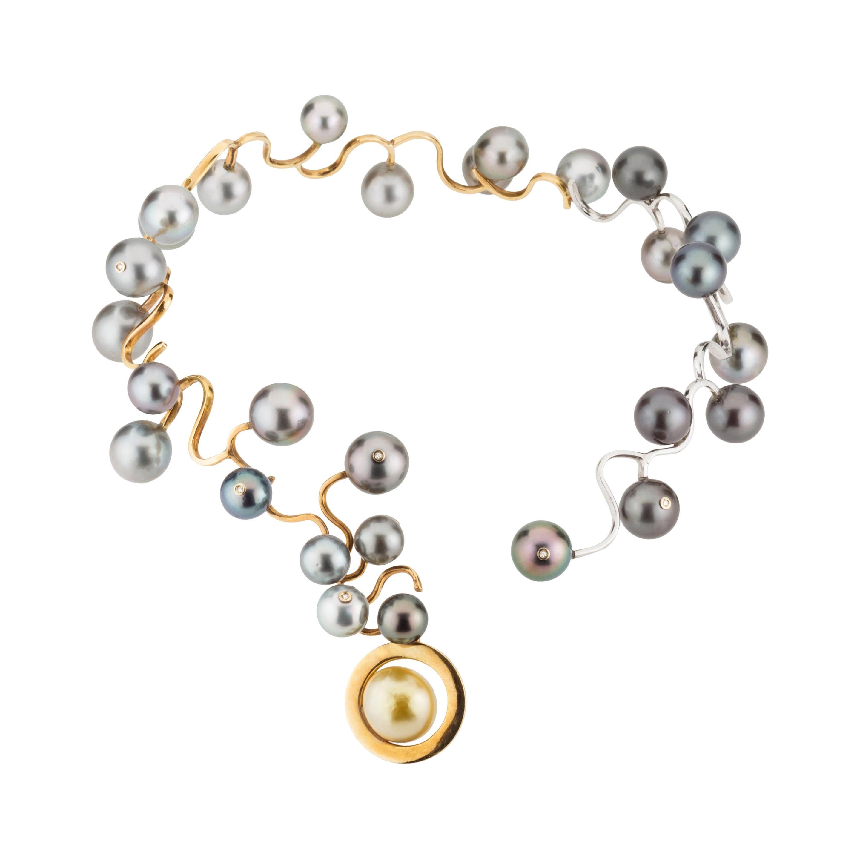 Tahitian Pearls and Diamonds 18 Karat Yellow and White Gold Statement Necklace  For Sale