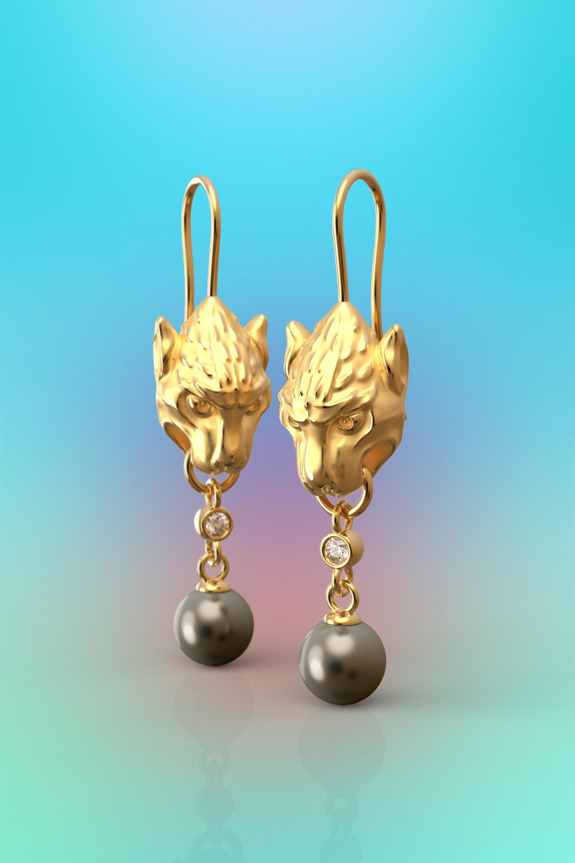 Ohrringe aus 18 Karat Gold mit Tahiti-Perlen und Diamanten, gotische Granatapfel-Ohrringe (Neugotik) im Angebot