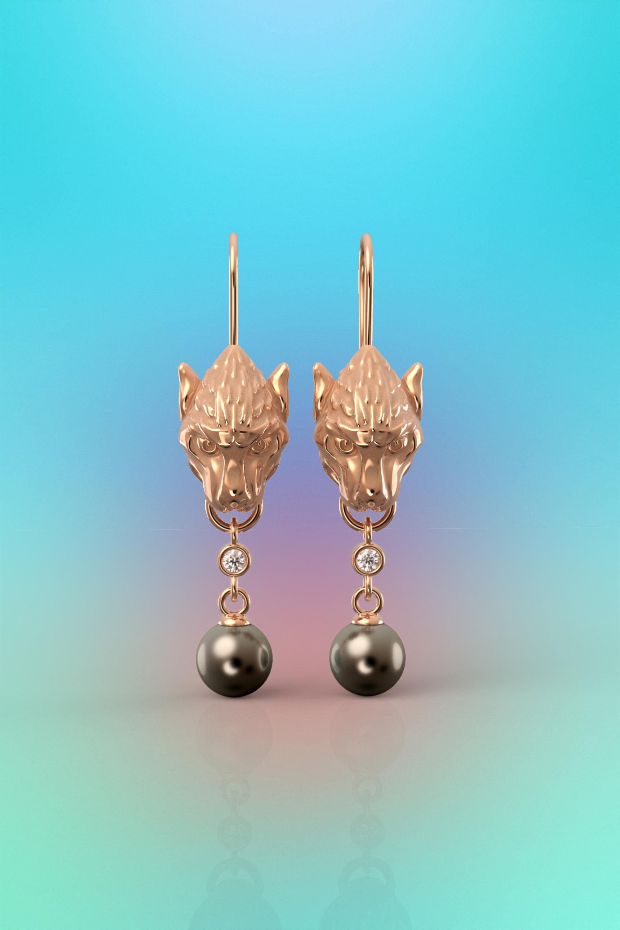 Women's Tahitian Pearls and Diamonds 18k Gold Earrings, Gothic Gargoyle Earrings For Sale