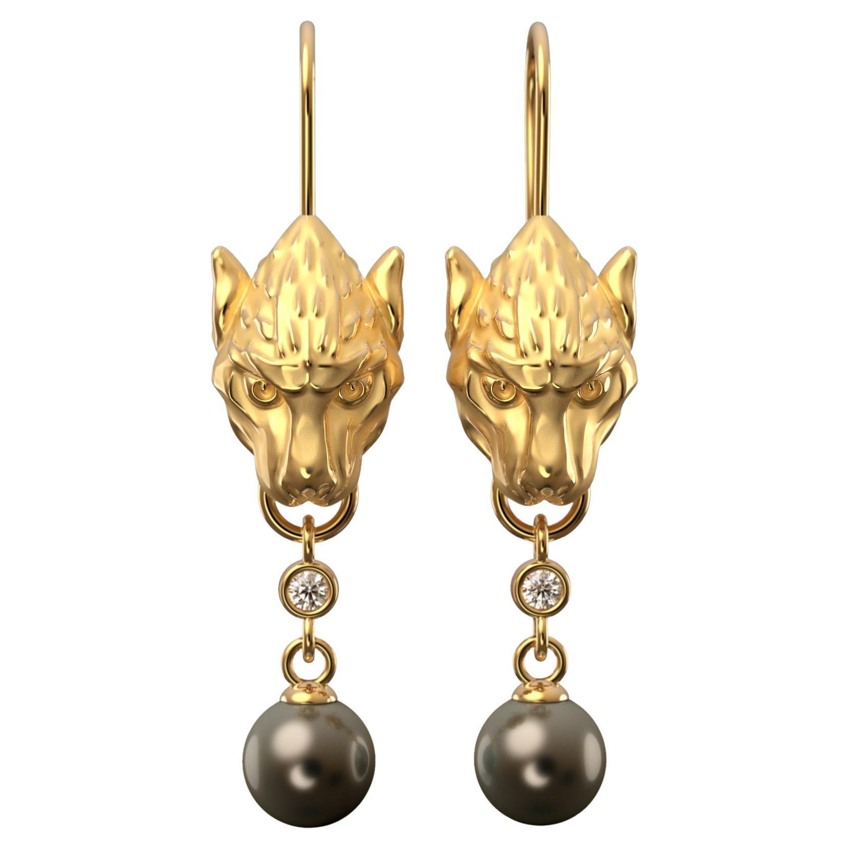 Tahitian Pearls and Diamonds 18k Gold Earrings, Gothic Gargoyle Earrings For Sale