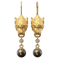Pendientes de oro de 18k con perlas de Tahití y diamantes, pendientes gárgola gótica