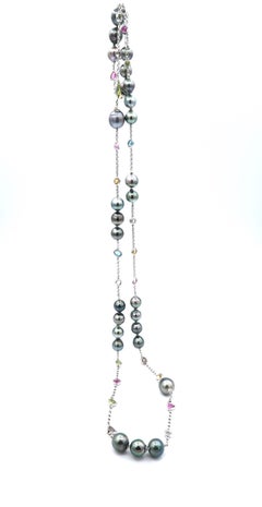 Tahitian Pearls and Multi-Color Rose Cut Gems Long Chain Necklace 18 Karat Gold