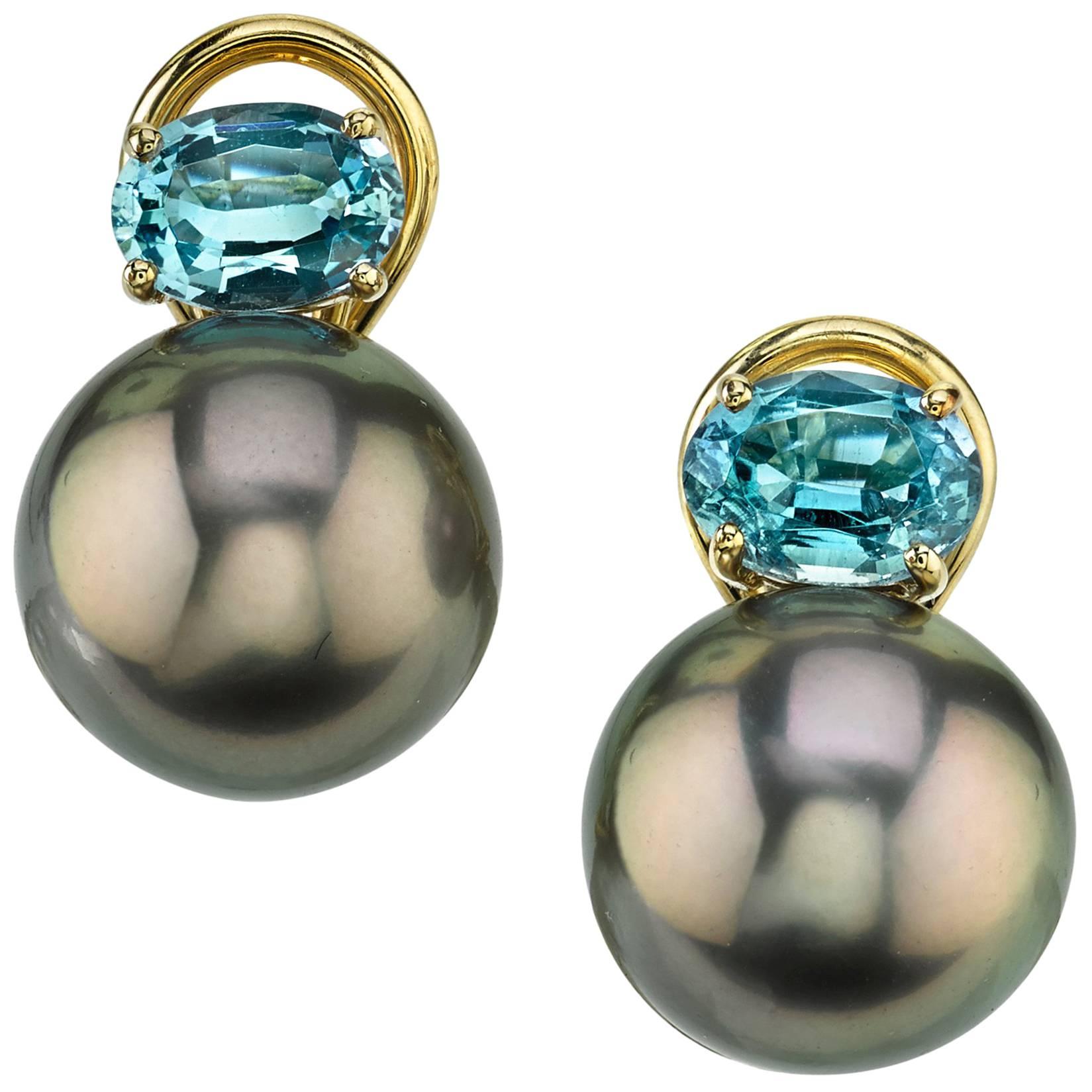 Tahitian Pearls and Oval Aquamarine Earrings 18 Karat Yellow Gold French Clip