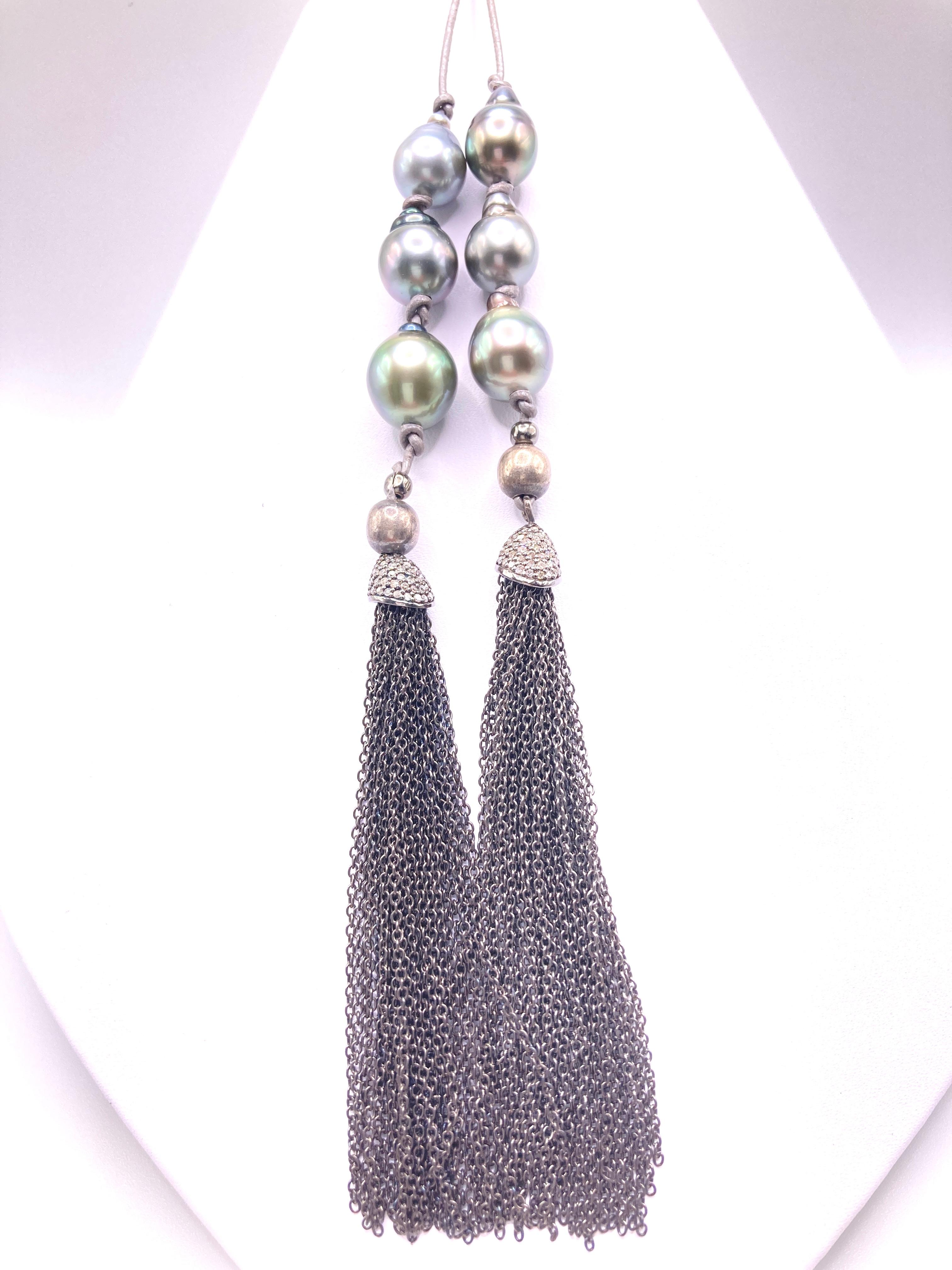 Contemporary Tahitian Pearls Lariat and Diamond Tassels For Sale
