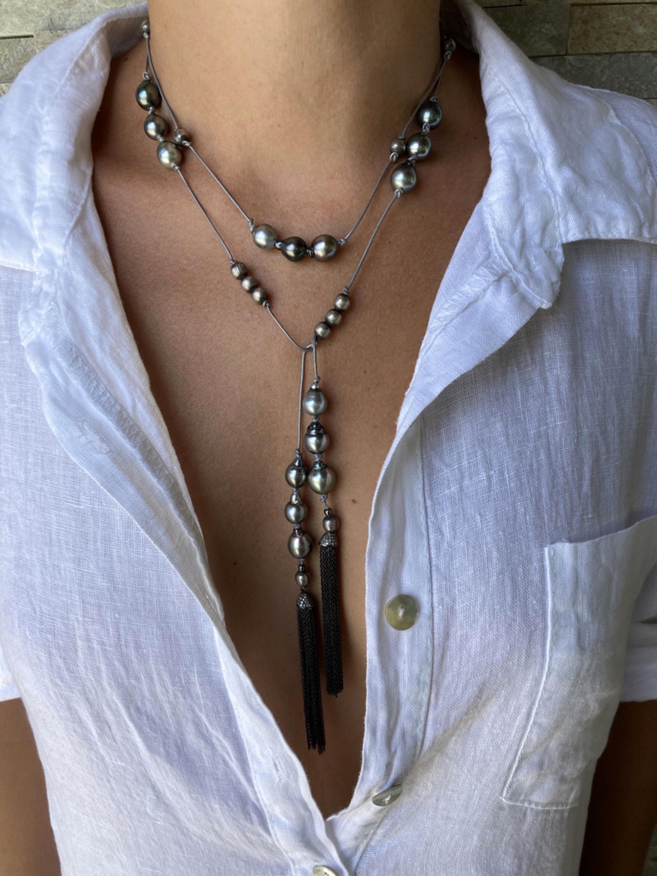 Women's Tahitian Pearls Lariat and Diamond Tassels For Sale